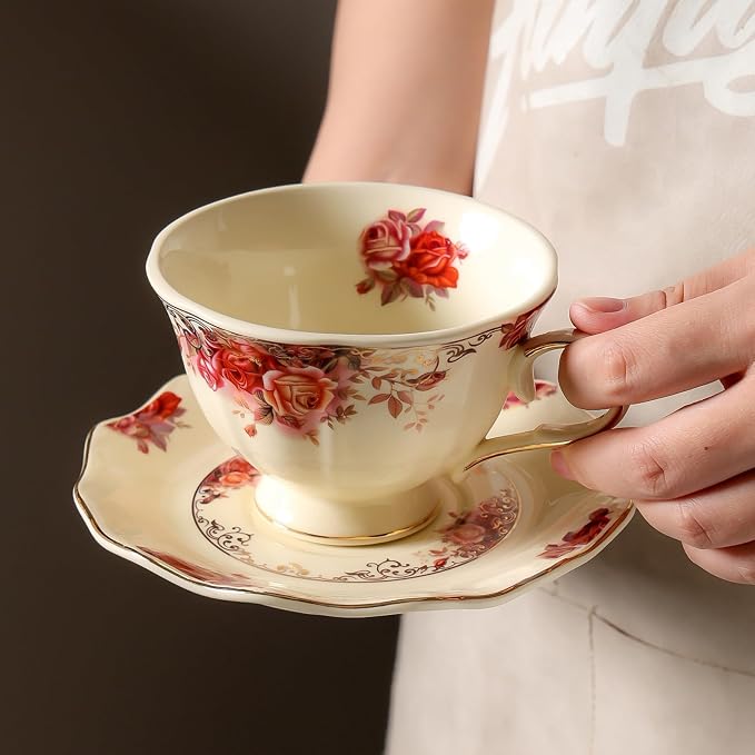 8 oz Vintage flower Ceramic cup and 6" saucer set - Image 6