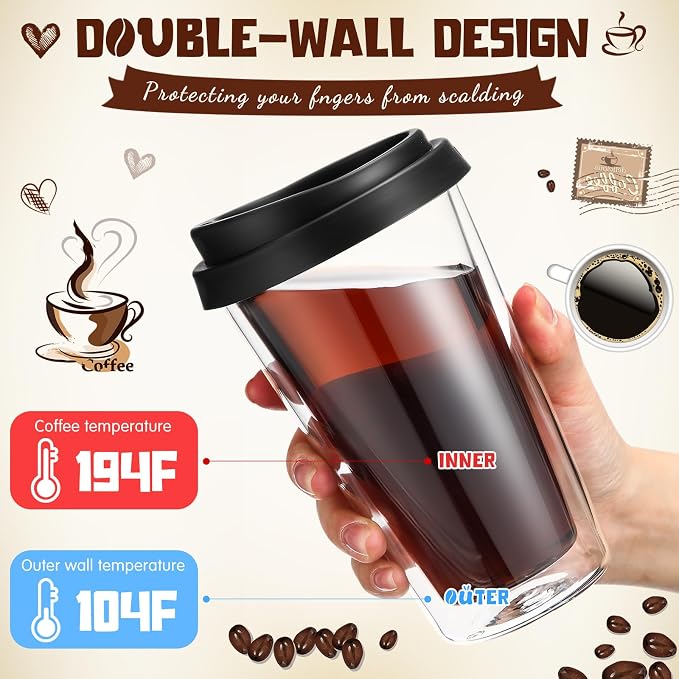 Honeydak 2 Pack 12 oz Double Walled Glass Coffee Mugs - Image 3