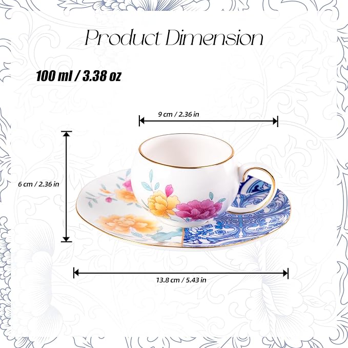 KAMMAK Tea Cups and Saucers Set of 2, Fine Bone China Coffee Cups, GH015 | - Image 2