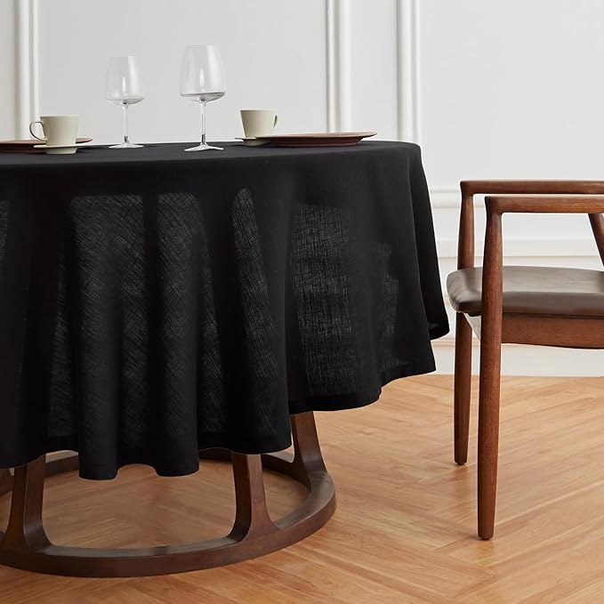 Solino Home Linen Round Tablecloth 70 Inch - 100% Pure Linen Black Round Tablecloth - Machine Washable Table Cloth for Winter, Spring - Sonoma