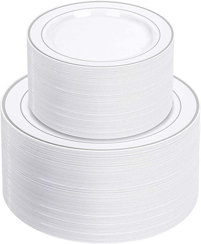 NOCCUR 200PCS Silver Plastic Plates Disposable for 100 Guests - Include 100 Dinner / 100 Dessert Plates Heavy Duty - Ideal for Party/Wedding/New Year