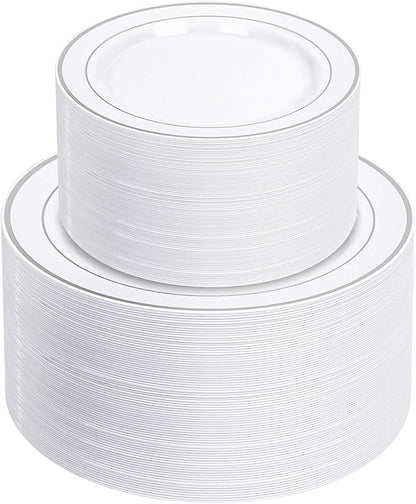 NOCCUR 200PCS Silver Plastic Plates Disposable for 100 Guests - Include 100 Dinner / 100 Dessert Plates Heavy Duty - Ideal for Party/Wedding/New Year
