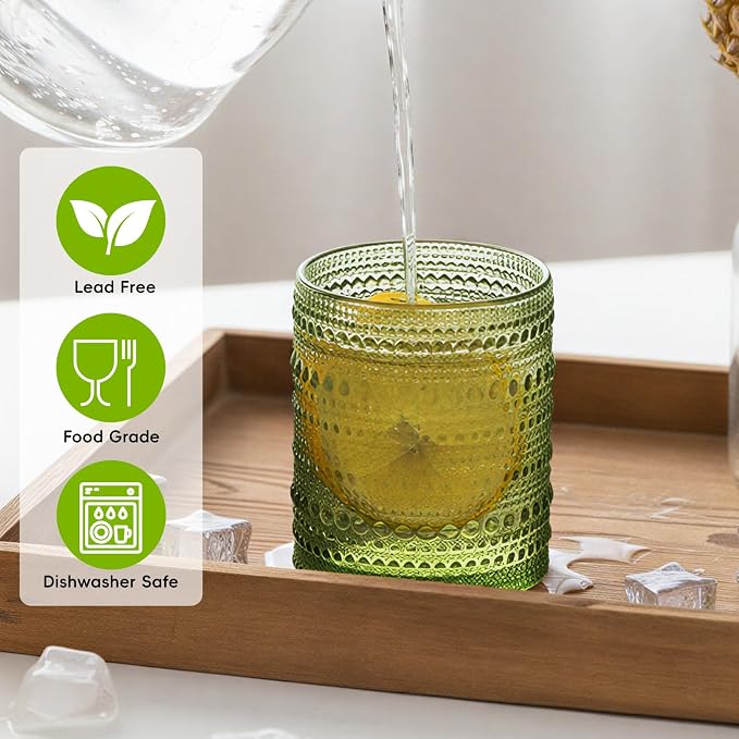 Moretoes 12 Pack 10 Oz Green Vintage Hobnail Drinking Glasses Set | Cocktail - Image 4