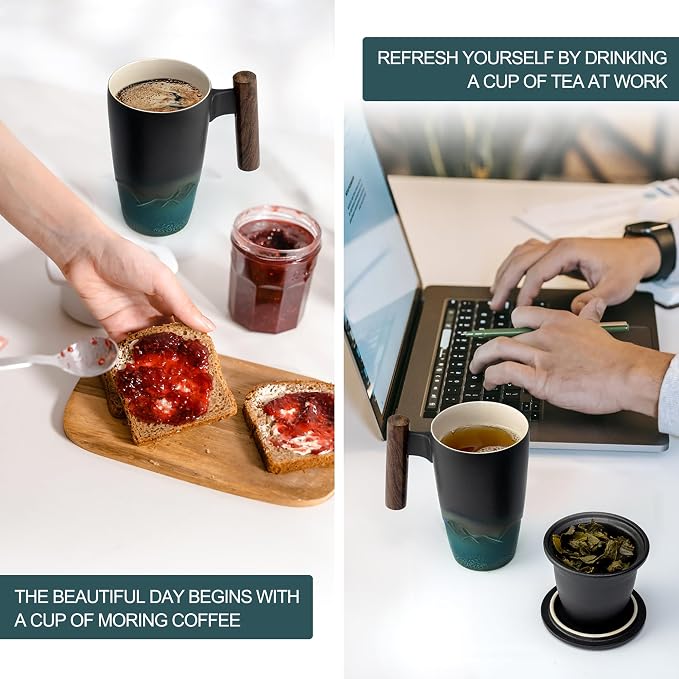 suyika Ceramic Tea Cup with Infuser and Lid Tea Mugs Wooden Handle 400ml/13.5oz - Image 5