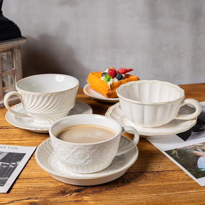 12 OZ Latte Cup with Saucer, Cappuccino Cup Vintage Cafe Art Cups - Image 5