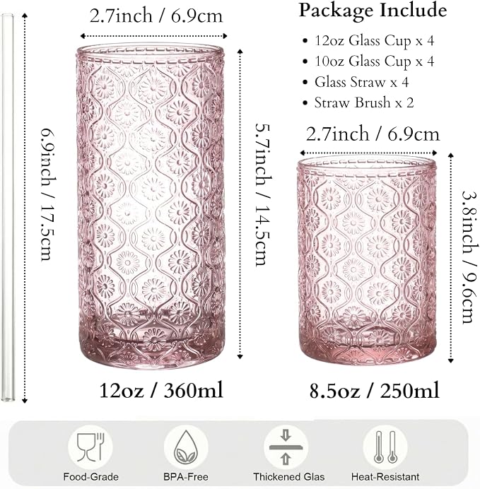 Pink Drinking Glasses Set of 8, 12 Oz Highball & 10 Oz Cocktail Glasses - Image 7