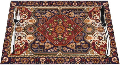 Persian Design Placemats Set of 4 Tribal Texture Boho Persian Rust Wipeable Table Mats Reusable Washable PVC Rectangle Place Mats for Kitchen Dining Home Decor 12x18 Inches