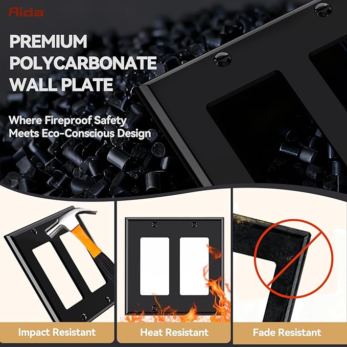 AIDA 2-Gang Decorative Wall Plates, Standard Size 4.53" H x 4.57" L, Unbreakable Thermoplastic, UL Listed - 10 Pack, Glossy Black for Outlets & Switches