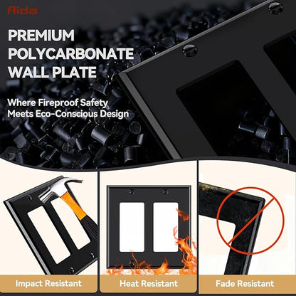 AIDA 2-Gang Decorative Wall Plates, Standard Size 4.53" H x 4.57" L, Unbreakable Thermoplastic, UL Listed - 10 Pack, Glossy Black for Outlets & Switches