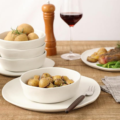 Stone by Mercer Project HEKONDA Modern Debossed Stoneware 16-Piece Dinnerware Set, Plate and Bowl Set, Dish Set for 4, White Speckled