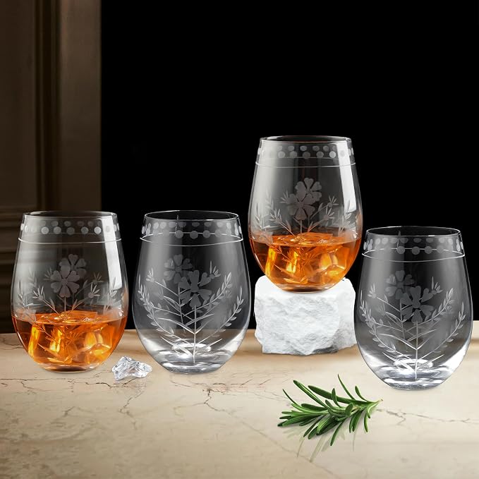 Joeyan Hand Blown Etched Stemless Wine Glasses, Carved Red and White Wine - Image 6
