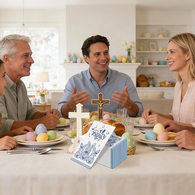 Easter Bunny Chinoiserie Napkins - 100 Pcs Blue White Happy Paper Dinner Disposable Party Decorations Sets Decorative Guest Cocktail Table Luncheon Beverage Supplies Decor Bulk 7.9 x 4.3 In