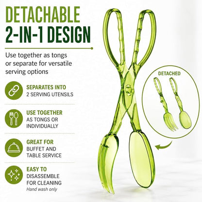 HIC Kitchen Salad Tong, Hinged Design, Detachable Fork and Spoon Green - Image 3