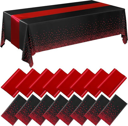 Breling 16 Pack Black and Red Disposable Plastic Tablecloths and Satin Table Runner Set, 54 x 108 Inch Tablecloth, 12 x 108 Inch Table Runners for Wedding Graduation Birthday Baby Shower
