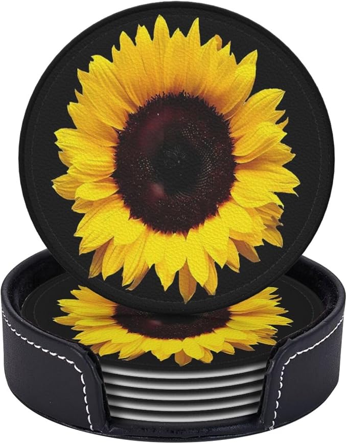 6 Pcs Black Farmhouse Blossom Sunflower Leather Coasters by Jfniub