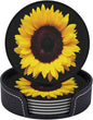 6 Pcs Black Farmhouse Blossom Sunflower Leather Coasters by Jfniub