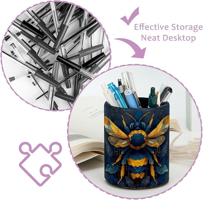 Leather Pen Holder for Desk, Bee Pencil Cup Pen Organizer Makeup Brush Holder - Image 4
