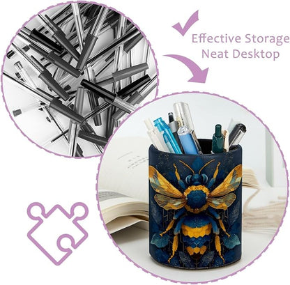 Leather Pen Holder for Desk, Bee Pencil Cup Pen Organizer Makeup Brush Holder - Image 4