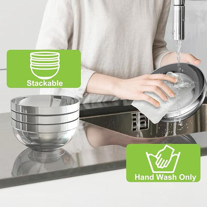 Stainless Steel Bowls, 4 Pack 7.8in 64.2oz 1900ml Large SUS304 Double Wall Insulated Stackable Metal Hot Soup Bowl Containers for Dishes Serving Cereal Snacks Ice Cream Food Rice Salad