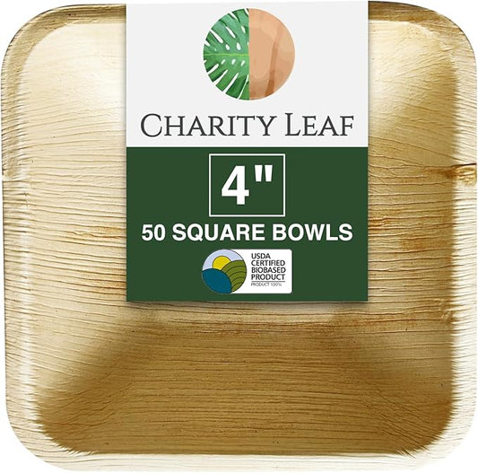 Charity Leaf Disposable Palm Leaf 4" Square Bowl (50 pcs) Dipping Bowls | Bamboo Like| All Natural and Biodegradable | Charcuterie Boards, BBQs, and Parties