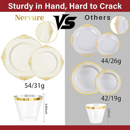 Nervure 350PCS Ivory Plastic Plates - Ivory Gold Plastic Dinnerware Sets for 50 Guests - 100 Gold Disposable Plates, 50 Pre Rolled Silverware Sets, 50 Cups Perfect for Wedding & Party