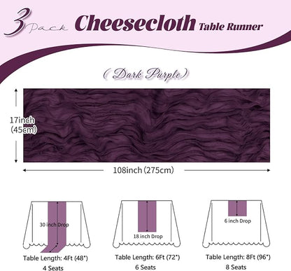 3 Pack Dark Purple Cheesecloth Table Runner, 17 x 108 inch, Semi Sheer Boho - Image 3