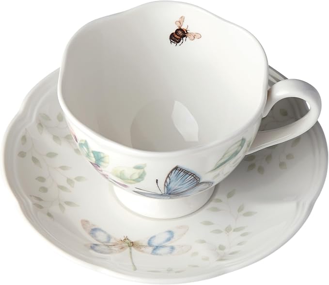 Lenox Butterfly Meadow Blue Porcelain Tea Cup and Saucer Set | Dishwasher safe - Image 2