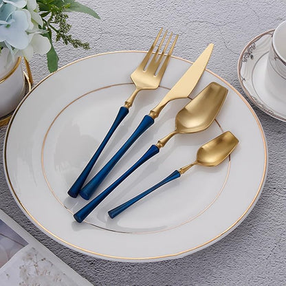 48 Piece Gold Silverware Set for 12，Durable 18/8 Stainless Steel Flatware Set Slim Waist Blue Handle Cutlery Set Utensils Include Spoons Knifes Forks Kitchen Wedding Restaurant