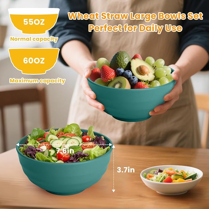 Large Bowls for Eating: Set of 8 Unbreakable 60oz Wheat Straw Bowls, - Image 2