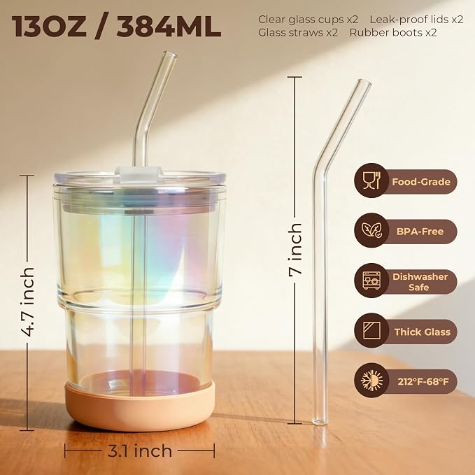 Zukro 13 oz Glass Cups with Lid and Straw 2 Pack, Non-Slip Rubber Bottom | Leak - Image 9