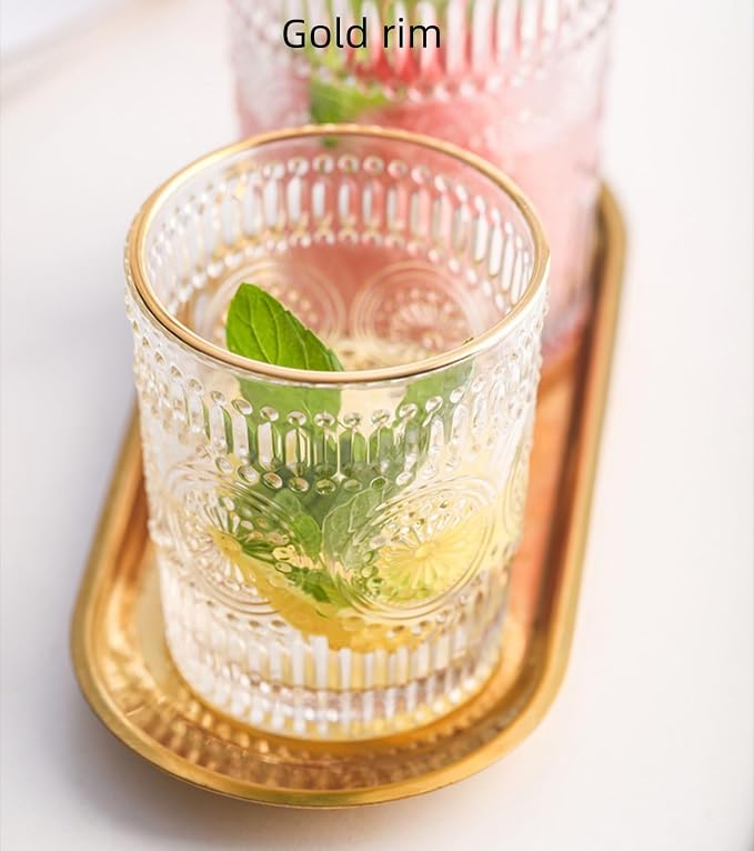 2 Pack 10 OZ Cute Embossed Glass Cup Vintage Drinking Glasses | Thick - Image 3