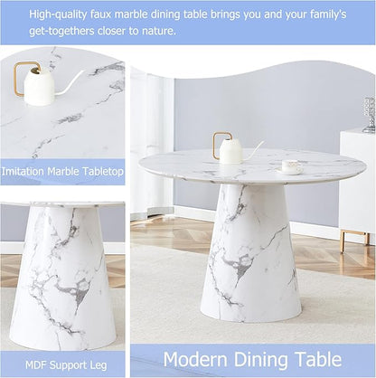 Round Dining Table Set for 4, 45" Modern Faux Marble Kitchen Table and Upholstered Chairs, 5 Piece Small Circle Dinette Set for Dining Room, Kitchen (White Set)