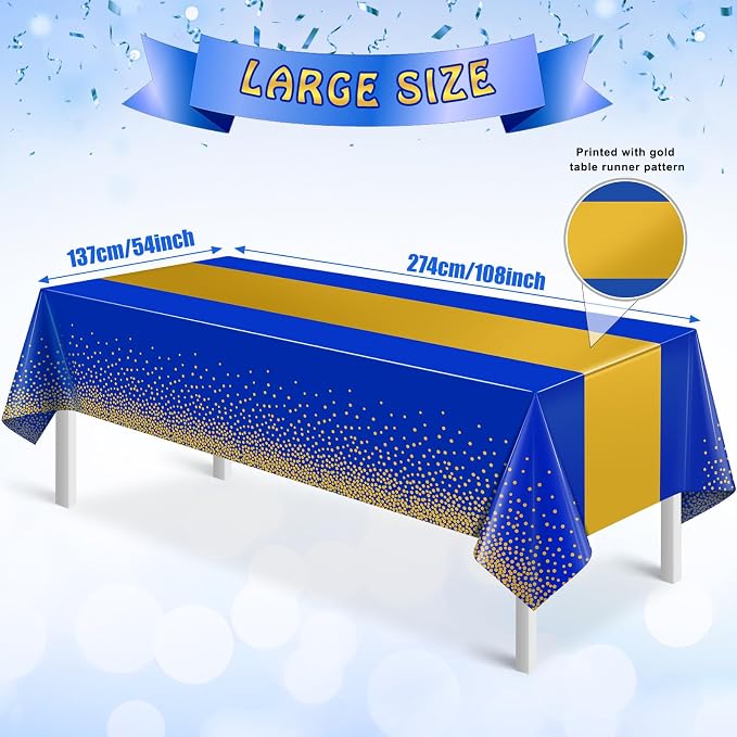12Pcs Blue Gold Tablecloth Party Decorations, Plastic Royal Blue Table Cloth - Image 2