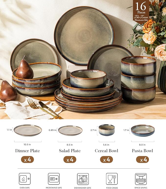 Ceramic Dinnerware Set for 4, 16-Piece Plates and Bowls Set | Handmade Reactive - Image 2