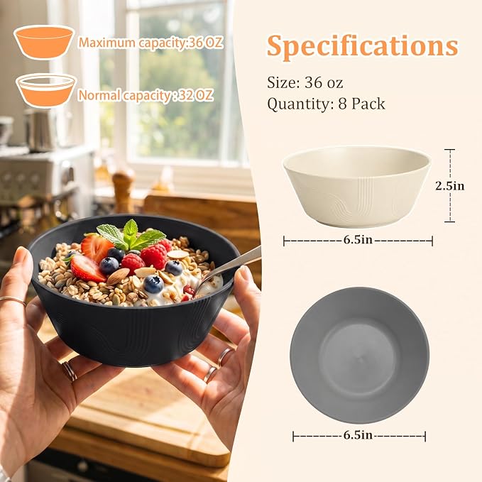PYRMONT Large Salad Bowl 36 OZ Wheat Straw Bowls Set of 8 Alternative Plastic - Image 2