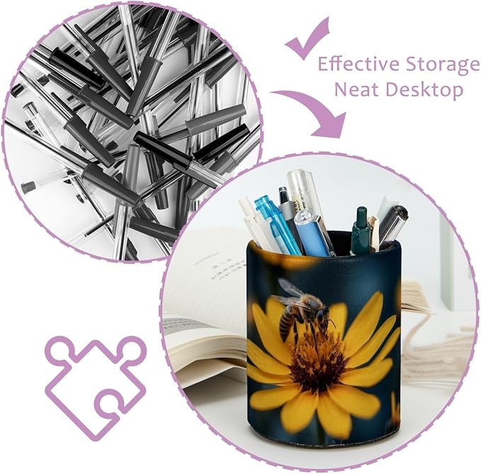Leather Pen Holder for Desk, Honeybee Pencil Cup Pen Organizer Makeup Brush - Image 4