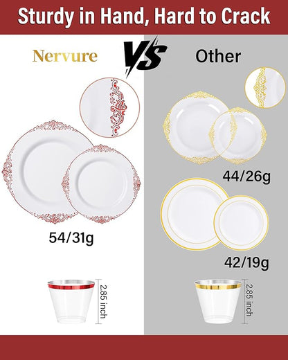 Nervure 175PCS Red Plastic Plates - White Red Plastic Dinnerware Sets for 25 Guests - 50 Red Disposable Plates, 25 Pre Rolled Cutlery Set, 25 Cups Perfect for Wedding, Party