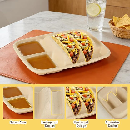 50 Pack Taco Plates Disposable With Dipping Sides - Biodegradable Cornstarch Taco Holder - Taco Stand for Taco Tuesday, Mexican Party, Picnics - Size Fit for 4-6 Inch Tortilla