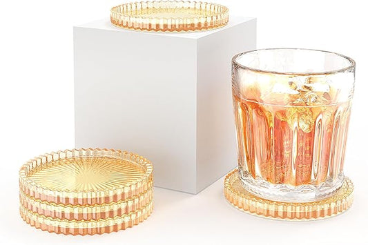 Modern Clear Coaster Set of 5- Amber Glass for Drinks Crystal Coasters Round Cup Coasters Coffee Table Decor for Office, Kitchen, Bar, Dining Room, Living Room,Used as a Candle Holder. (Amber)