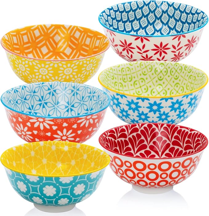 AntoKueh 23 OZ Colorful Large Ceramic Bowl Set of 6, 6 inch Deep Porcelain by AntoKueh