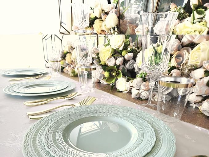 " OCCASIONS " 120 Plates Pack,(60 Guests) Extra Heavyweight Vintage Wedding Disposable/Reusable Plastic Plates 60 x 11'' Dinner + 60 x 8.25'' Salad/Dessert Plate (Chateau in Mint)