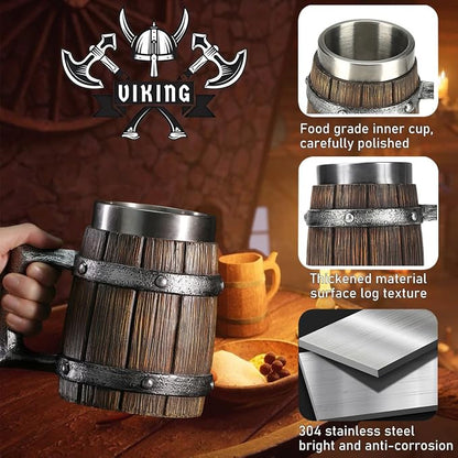Nordic Viking Mug, pirate Beer Cup, Wooden Barrel Beer Mug Stainless Steel Liner - Image 3