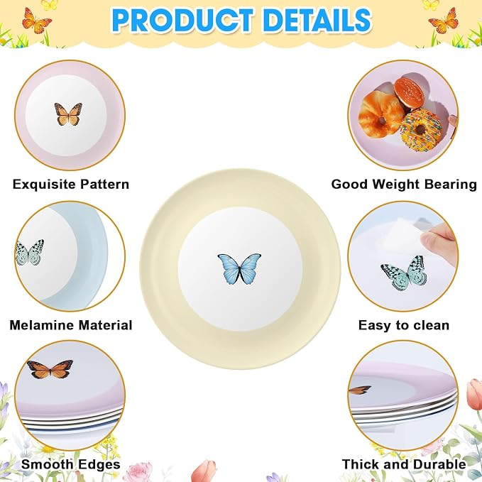 4 Set 10 Inch Butterfly Melamine Plates Spring Butterfly Dinnerware Set - Image 3