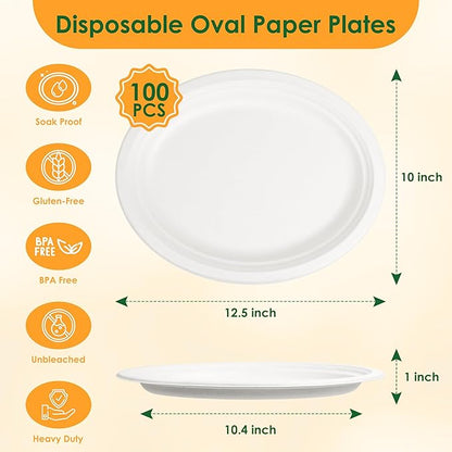 Disposable Oval Paper Plates, 100Pack 12.5inch Biodegradable Large, Compostable Heavy Duty Bagasse Platters Eco-Friendly Sugarcane Plates for BBQ, Party, Picnic - White