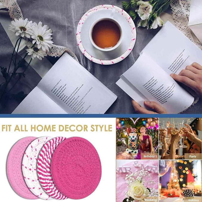 Drink Coasters 8 Pack with Holder, 4-Color Cotton Woven Absorbent Coasters Set - Image 8