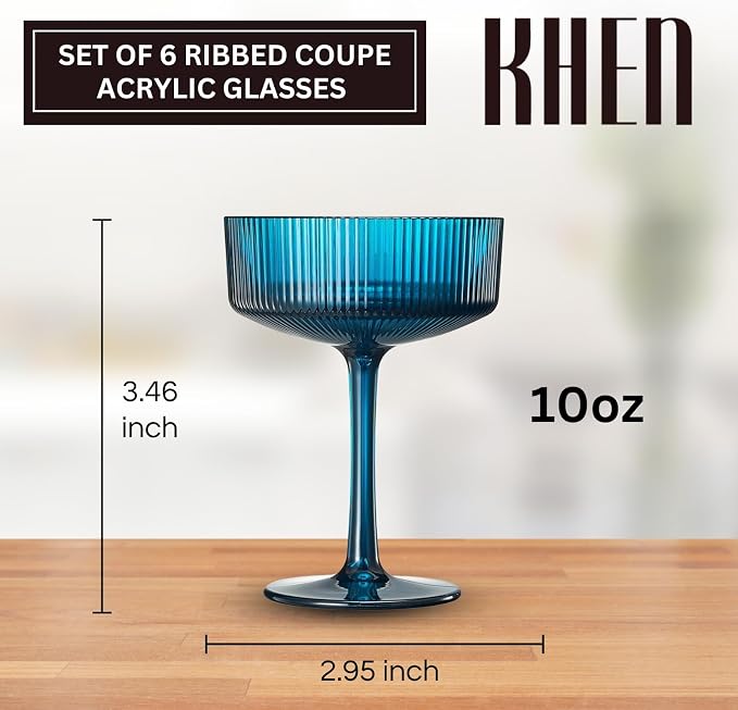 Khen Retro Acrylic Ribbed Glasses, 10oz Multicolor Shatterproof Stemware Coupe - Image 2