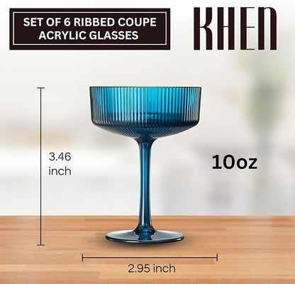 Khen Retro Acrylic Ribbed Glasses, 10oz Multicolor Shatterproof Stemware Coupe - Image 2