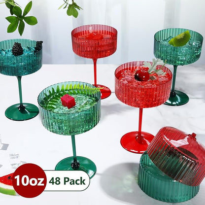 48 Pcs Ribbed Martini Glasses 10 oz Disposable Plastic Vintage Ribbed Coupe Glasses Unbreakable Dessert Parfait Glassware for Wedding Birthday Party Supplies (Red and Green)