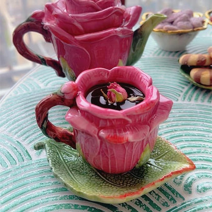 Ceramic Rose Tea Pot Set, 3D Hand-painted Rose Red Flower Cup and Green Leaves - Image 5