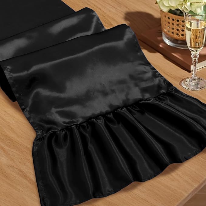 2 Pack Black Satin Table Runner 12 x 72 Inch | Ruffle Design, Luxurious Dining by Unknown